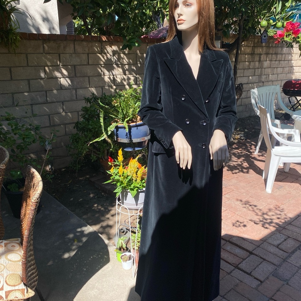 Very long black velvet double breasted vintage coat.